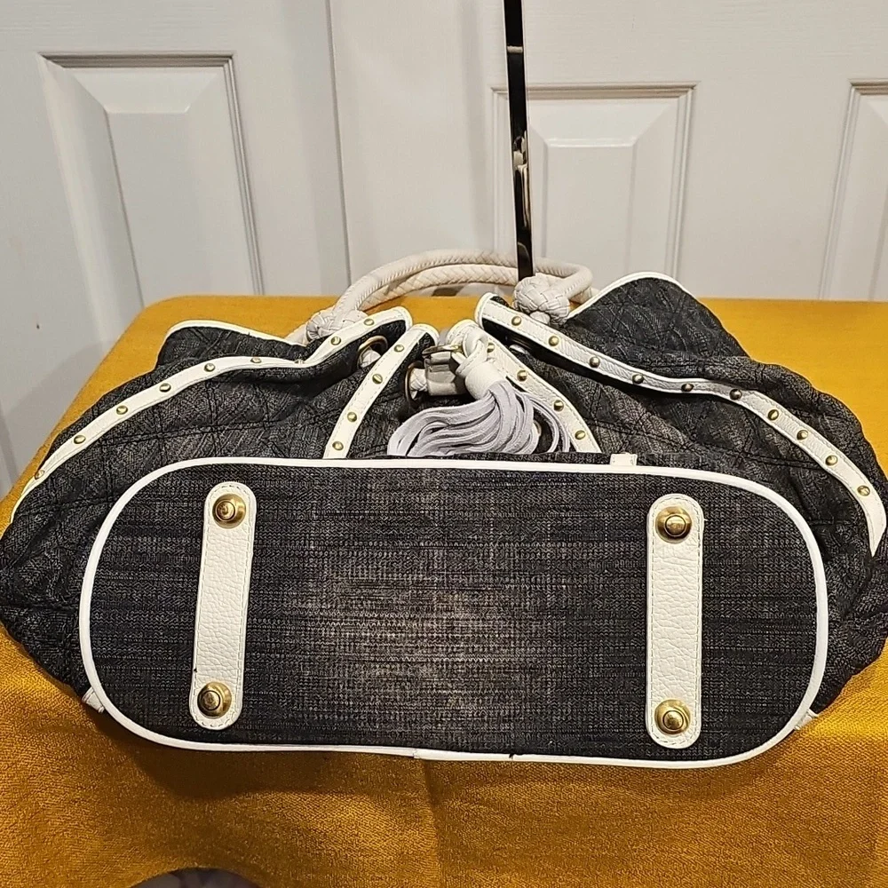 Sharif Quilted Black Denim Fabric & Braided Leather Straps Shoulder Bag NWOT